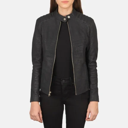 Distressed Black Sheepskin Leather Biker Jacket  Snuffed Finish, Quilted Shoulders