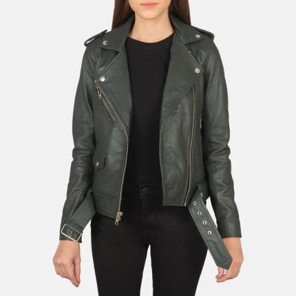 Alison Green Sheepskin Leather Biker Jacket  Semi-Aniline Finish, Removable Belt